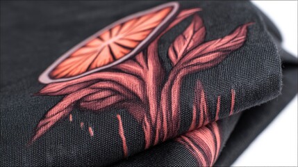 Artistic textile design featuring a vibrant botanical illustration on a dark fabric background