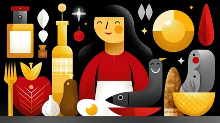 Colorful Abstract Illustration of Woman Surrounded by Culinary Ingredients and Cookware Items
