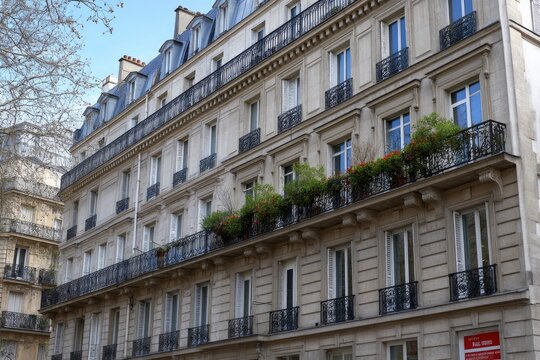 Parisian apartment building with balconies ornate railings and flower boxes