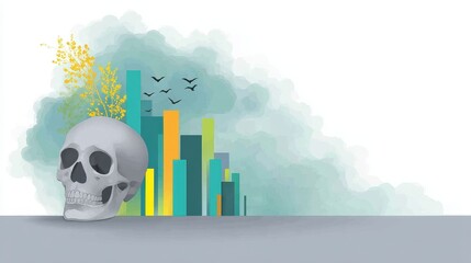 Modern Still Life with Skull and Abstract Graphical Elements in Muted Color Palette