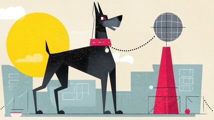 Artistic Illustration of a Black Dog Standing Before a Geometric Cityscape and Sun