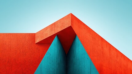 Vibrant Geometric Abstract Architecture with Bright Blue and Orange Colors Against Clear Sky