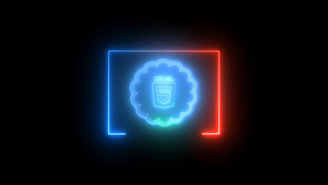 Neon HTML5 Logo in a Cloud with a Colorful Rectangular Border on Black Background