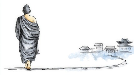Serene Figure Walking Towards Ancient Temples in Tranquil Landscape Illustration