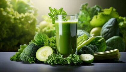 bright and inviting glass of fresh green juice surrounded by healthy green vegetables