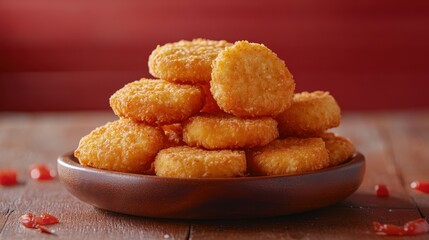 Crispy Golden Chicken Nuggets Served on a Wooden Platter on a Table