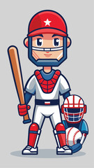 Cartoon illustration of a baseball player in uniform with a bat and equipment vector
