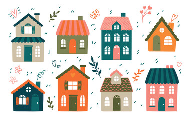 Naklejka premium Cute little houses. Cartoon minimalistic and modern city houses and buildings. Vector illustration, isolated elements.eps