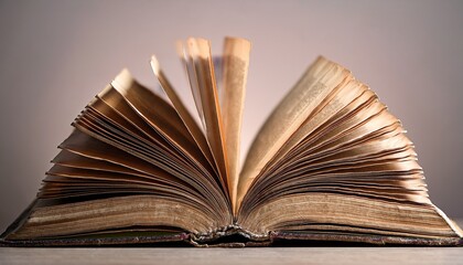 Fototapeta premium open book with weathered pages against a neutral background studio shot