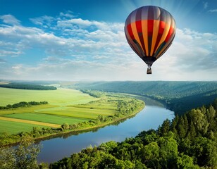 Naklejka premium bright hot air balloon floating over green fields river and forest on sunny day travel and freedom concept