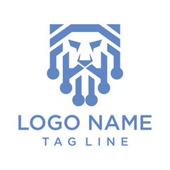 Abstract blue lion head logo, combining digital circuit elements for a modern, technological feel. Ideal for tech startups, security firms, or innovative brands.