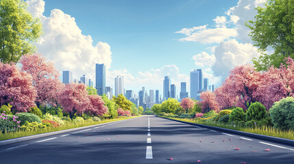 vibrant city skyline is framed by blooming trees along peaceful road, creating serene atmosphere
