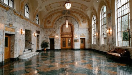 Fototapeta premium Grand marble lobby with arched windows