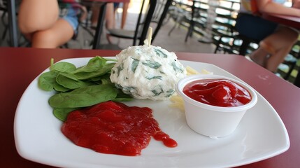 Fresh Spinach Dip Served with Ketchup and Spinach Leaves on a White Plate