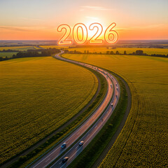 2026 Aerial View of Highway Through Sunflower Fields at Sunset