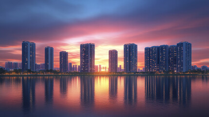 Fototapeta premium stunning city skyline at sunset, reflecting vibrant colors on water surface