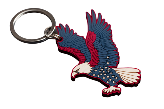 A patriotic eagle keychain with red white and blue wings and stars on a black background space
