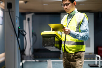 asian Male engineer working with digital tablet in charging station