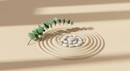 Zen Arrangement with Pebbles and Eucalyptus on Sand