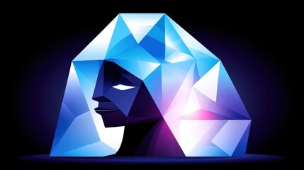 Abstract geometric portrait of a woman with a blue crystal-like headpiece on a dark background