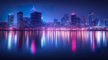 Naklejka premium vibrant city skyline at night with neon lights reflecting in water, creating stunning view