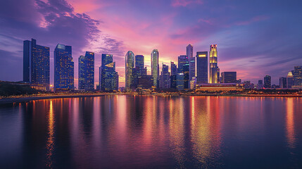 Fototapeta premium Stunning city skyline at dusk with vibrant colors reflecting on water