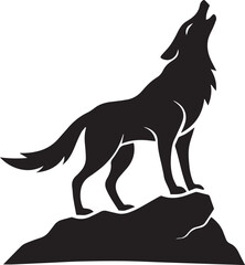 Wolf Silhouette Howling on Rock Head Tilted Up Wilderness Theme Flat Vector