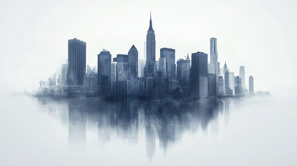 Obraz premium stunning city skyline with reflective surface, showcasing tall buildings and misty atmosphere