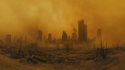 desolate city skyline enveloped in thick smog and ash, showcasing aftermath of destruction