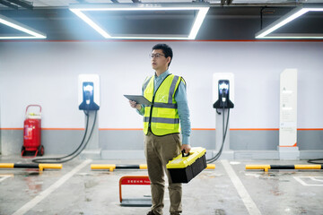 asian Male engineer working with digital tablet in charging station