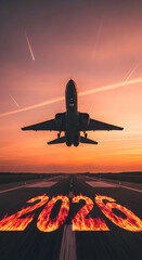 Fiery 2026 Takeoff Jet Ascending into Sunset