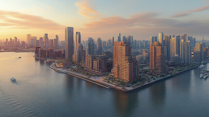 Obraz premium stunning aerial view of modern city skyline sunset, showcasing urban architecture and waterfront