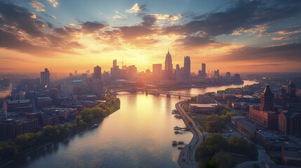 stunning city skyline at sunset, reflecting on river with vibrant colors