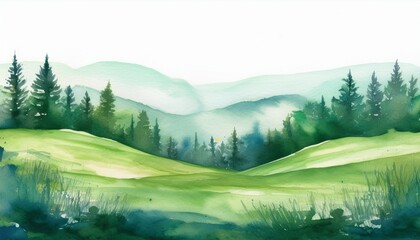 watercolor green landscape of forest hill