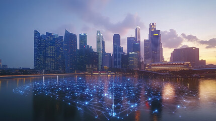 Fototapeta premium stunning city skyline dusk, showcasing digital connections over water, symbolizing technology