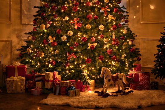 Christmas tree with presents and rocking horse