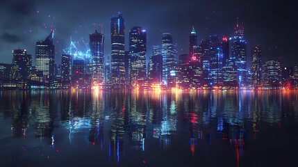 vibrant city skyline night, illuminated by colorful lights and digital connections reflecting