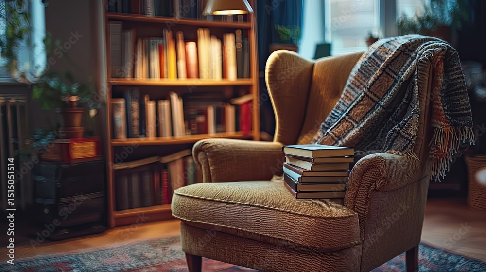Poster A cozy office nook with soft lighting, close-up of a comfortable chair and a stack of books, focus on the inviting atmosphere