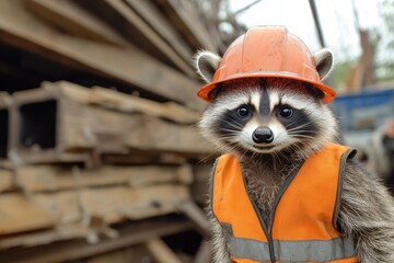 Raccoon wearing a construction hat and safety vest in an outdoor environment. It can be used for safety campaigns or funny animal-related projects.