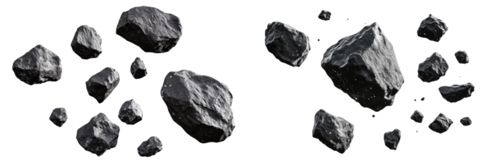 3D Rendered Dark Grey Rocks Falling, Isolated on Transparent Background,  Space Debris, Asteroid Field,Rocks,  3D Render,  Space