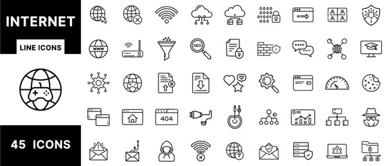 Internet Line Icons Set Featuring Web Access, SEO, Cybersecurity, Data Transfer, Browsing, Cloud Computing, Online Gaming, Networking, and Digital Communication