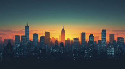 Fototapeta premium stunning city skyline silhouette at dusk, showcasing vibrant colors and urban beauty
