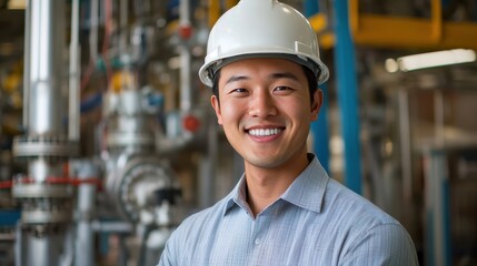 Smiling Asian engineer in white hard hat stands in industrial factory. Use it to represent skilled labor, manufacturing, or Asian representation.