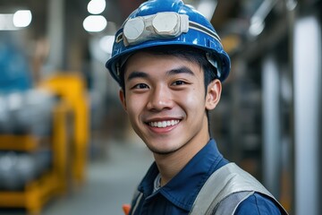 Smiling Asian male worker wearing blue hard hat in factory setting. It shows safety, competency, and positive attitude for work projects.
