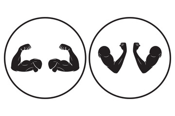Muscle icon. Bicep symbol. Strong arm vector illustration. Gym logo. Bodybuilding fitness concept. Athlete flexing hand sign. Muscular power pictogram isolated on a white and black background.