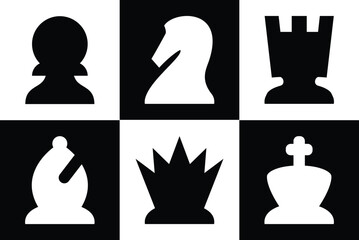 Complete chess pieces icon set include king, queen, bishop, knight, rook, pawn. Top down view for digital view. Modern simple rounded design © lineandcircle