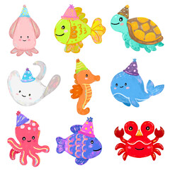 set collection of Cute hand drawnocean sea beach animals creatures wearing birthday party hat in colorful pastel colors character doodle illustration kids summer celebration crayon watercolour sticker