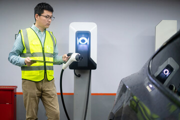 asian Male engineer working with digital tablet in charging station