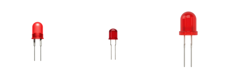 Collection of Three Distinct Red LED Light Bulbs Displayed on a transparent Background Featuring Varied Sizes and Designs for Electronics and DIY Projects