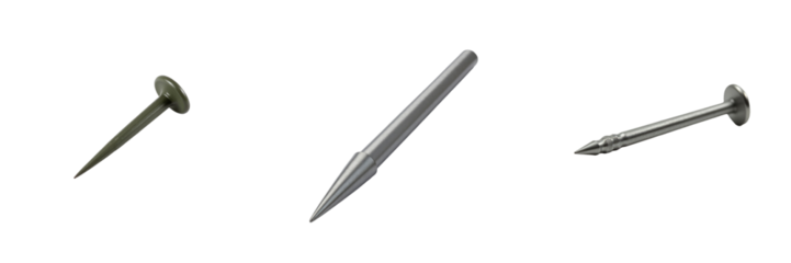 Collection of three distinct metal fasteners featuring a rounded nail, a smooth silver pin, and a pointed screw on a solid transparent background, highlighting their unique shapes and textures.